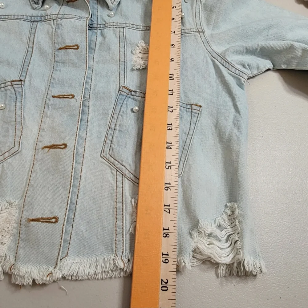 Womens Light Wash Peplum Destructed Hem Detail Jacket Stylish Windbreak size XL - Picture 15 of 16